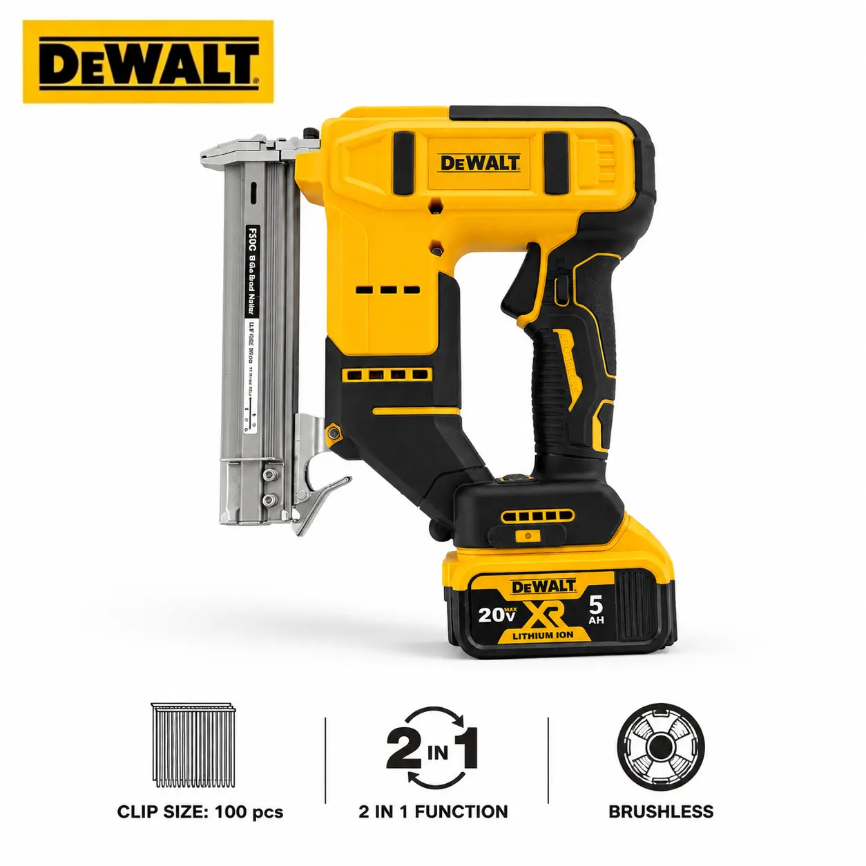 DEWALT F30 2-In-1 Brushless Brad Nailer And Stapler, Accepts 18GA Nails And Staples, Single And Contact Actuation Modes, Tool-Free Jam Clearing, Depth Adjustment, Contact Safety Trigger, For Trim Work, Woodworking And DIY Craft Projects
