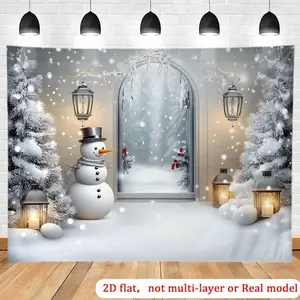 1pc 2D Flat Winter Snowman & Lantern Christmas Backdrop Banner - Large Snowflake Frosted Arch Doorway with Snowman Lanterns & Garland - Reusable Indoor/Outdoor Party Decoration for Photo Booth Bir Ornaments White