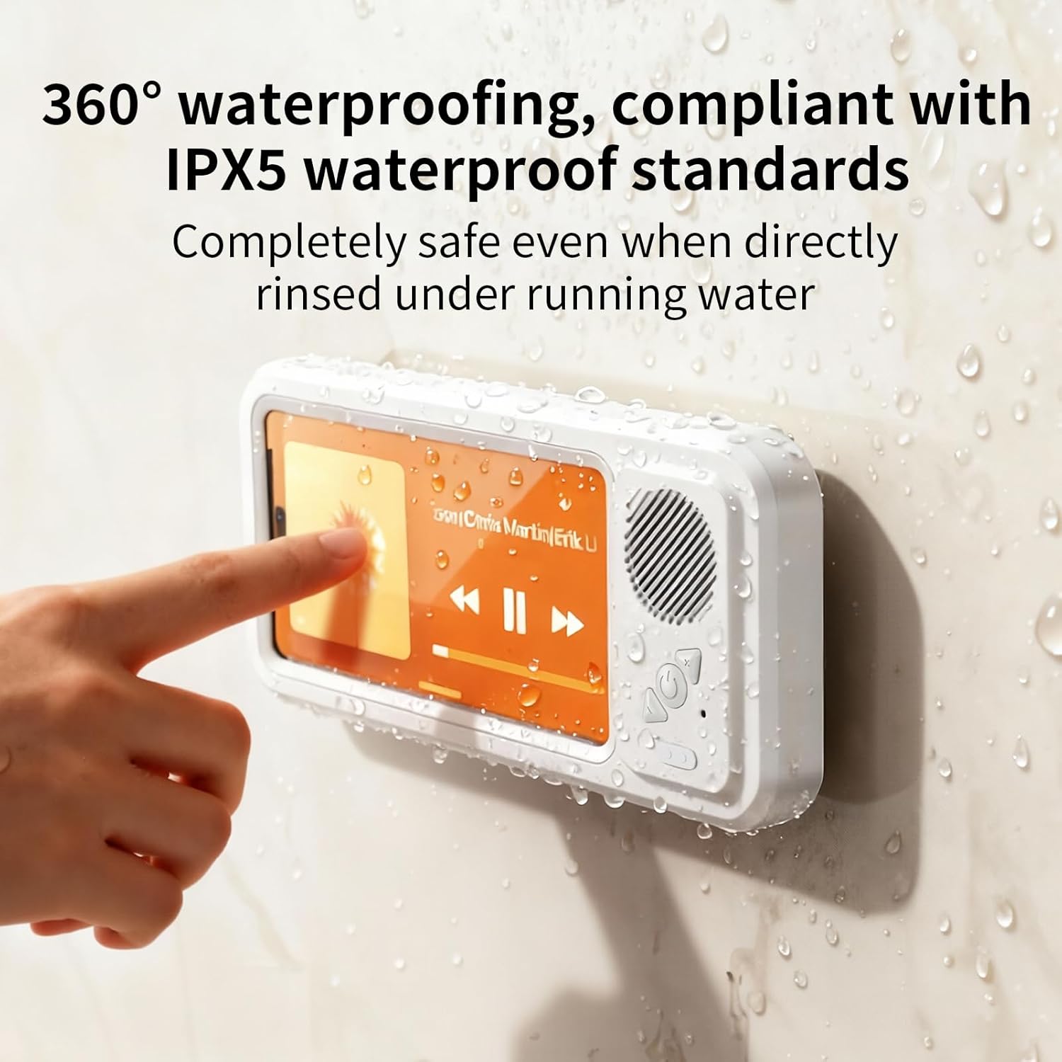 Shower Time Just Got Better!Waterproof Phone Holder with Bluetooth Speaker, 360°Rotation, Touchscreen Friendly for Bathroom, Kitchen, Pool
