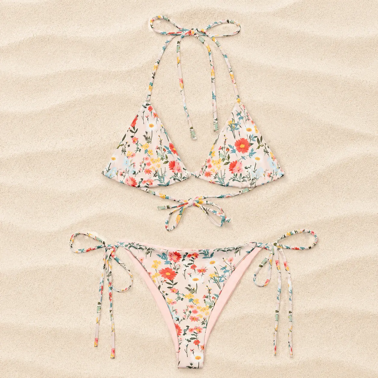 String Bikini, High Waist Bikini & Bandeau Bikini - Womens Beach Swimsuit for Resort Vacation - Pink Floral Boho