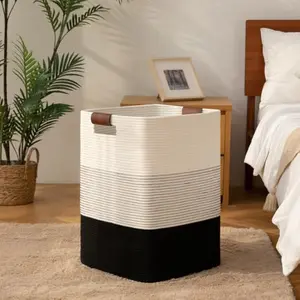 Laundry Hamper 96L Extra Large Laundry Basket, Woven Blanket Basket, Cotton Woven Storage Hamper with Handles for Living Room, Large Baskets for Pillows, Blankets, Clothes-Gradient Black