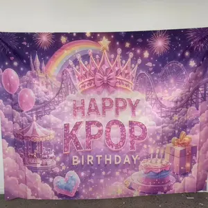 2D 1pc Kpop Birthday Party Banner, Pastel Fantasy Backdrop, Happy Kpop Birthday Text, Magical Carnival & Castle Decor, Photo Booth Supplies, Party Decorations Banners