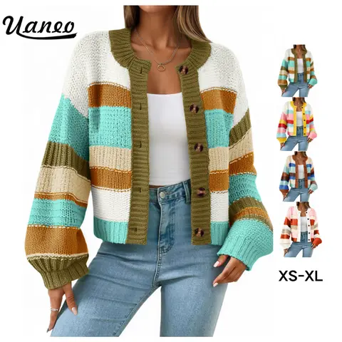 UANEO Women's Striped Chunky Cardigan Sweaters Button Up Fall Trendy Color Block Long Sleeve Knit Sweater Coats Fallfreshness Knitwear Womenswear