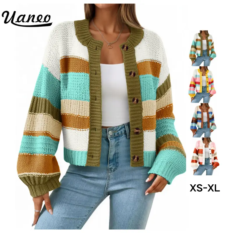 UANEO Women's Striped Chunky Cardigan Sweaters Button Up Fall Trendy Color Block Long Sleeve Knit Sweater Coats Fallfreshness Knitwear Womenswear