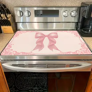 1pc 2D Flat Stove Cover Protector, Spring, Elegant Pink Bow with Floral Border Design for Stove Cover Protector, Easy to Clean for Kitchen, Washing Machine, Dryer, Stovetop Panel Protector