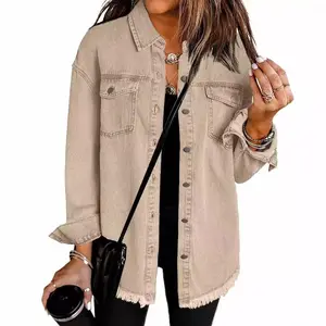 Women's Button Up Frayed Hem Shacket Long Sleeve Pockets Denim Jean Jacket(Rain Shoes & Covers)