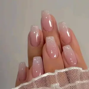 Household daily necessities Gradient Pink Press on Nails Medium Long Square Fake Nails Nude Pink Full Cover Glue on Nails Glossy False Nails Reusable Glitter Artificial Acrylic Nails for Women Girls DIY Daily Wear 24Pcs