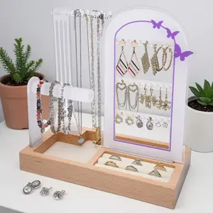 Modern Rectangle Purple Butterfly Acrylic Jewelry Organizer Stand with Wood Base, Earring Necklace Bracelet Holder and Ring Tray