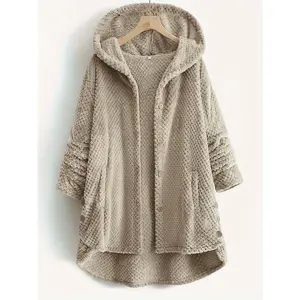 Women's Plus Size Faux Fur Coat with Pockets & Hood, Casual Fall Winter Outerwear Jacket, Warm Long Sleeve Design for Women