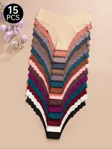 15 Counts Women's Solid Color Scallop Trim Thong, Breathable Briefs, Soft Comfy Pastel Breathable Seamless Curvy Panties for Daily Wear, Regular Fit Seamless Stitching for Women, Thongs