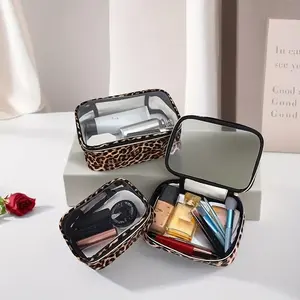 Small Portable Leopard Print Toiletry Bag, Multiple Compartments, Durable Fabric, Clear Top Design, Sturdy Construction, Ideal for Travel