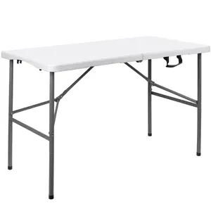 4FT FOLDING TABLE, PLASTIC FOLD IN HALF TABLE OUTDOOR INDOOR, WITH HANDLE AND LOCK - WHITE