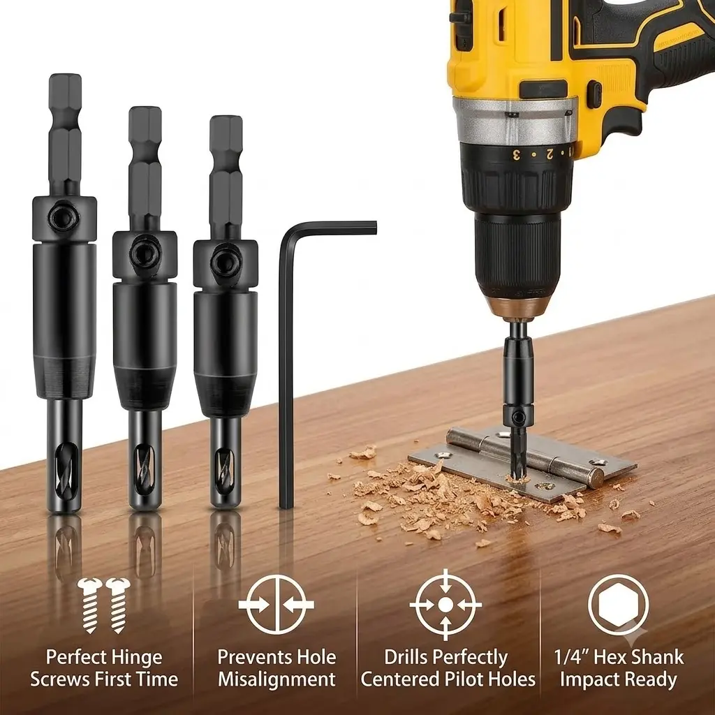 Upgraded 3PCS Self Centering Drill Bit Set Bits, CC2430 3/32" 7/64" 1/8" Center Hinge Drill Bit for 1/4In Hex Shank Drills, Installing Hinge & Drilling Pilot Hole, Ultra-Hard Steel, High-Precision