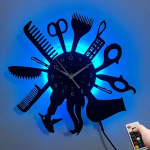 RGB LED Barber Vinyl Wall Clock with Scissors Comb Barber Pole Design, Silent Non-Ticking, Ideal for Barbershop & Hair Salon Decor, Battery Not Included