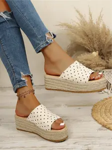Minimalist polka dot linen wedge slides, open-toe platform, casual daily all-match footwear