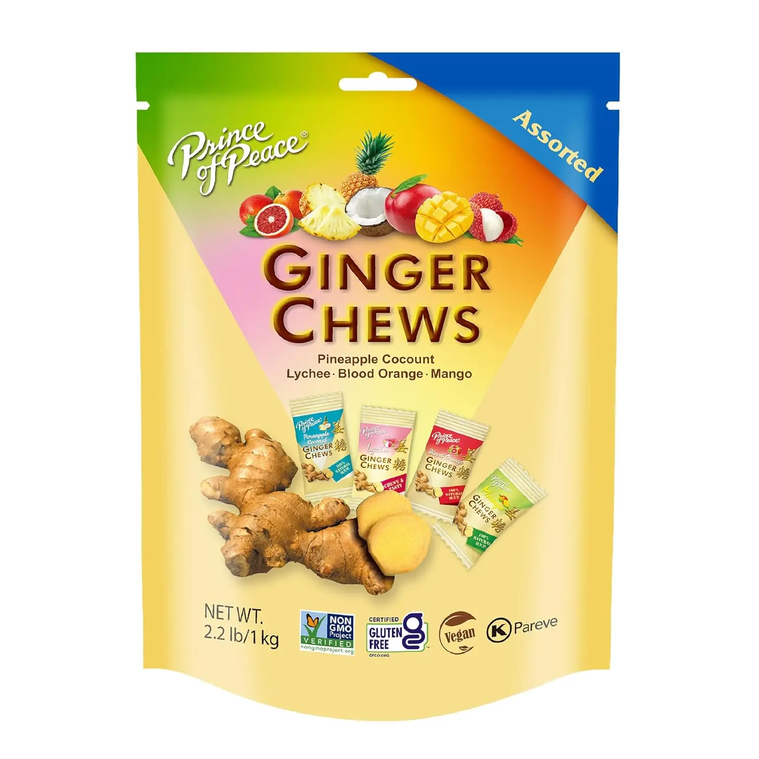 Prince of Peace Ginger Chews Assorted Flavors - 2.2 lb. Candy Pack - Gluten Free - Includes Lychee, Blood Orange, Pineapple Coconut & Mango - Snack
