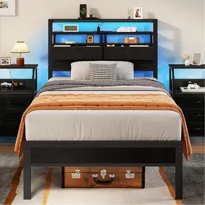 Furologee Twin Size Bed Frame with Headboard and 2 Fabric Drawers Full Platform Bed Featuring LED Lights Built in Charging Station and Storage Shelves Metal Slats No Box Spring Needed Black Oak