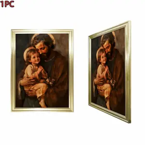 1pc Framed Gold Frame  Religious Artwork Classic Style Saint Joseph And Child Jesus Canvas Art Print For Living Room Bedroom Church Decor With Elegant Gold Frame
