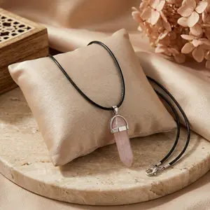 Natural Rose Quartz Crystal Pendant Necklace | Healing Love Stone Black Wax Cord Necklace for Women Men Daily Wear