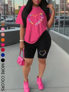 Summer New Short Sleeve Shorts Set, Modern Sportswear, Sporty Heart Print, Comfortable Casual, Women's Two-Piece Outdoor Sports Wear, Athleisure Summer Clothes