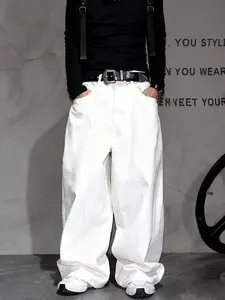 Men's Design Wide Leg Jeans, Casual Loose Fit Denim Jeans, Trendy Streetwear All Season Long Trousers, Comfortable and Versatile, Pants