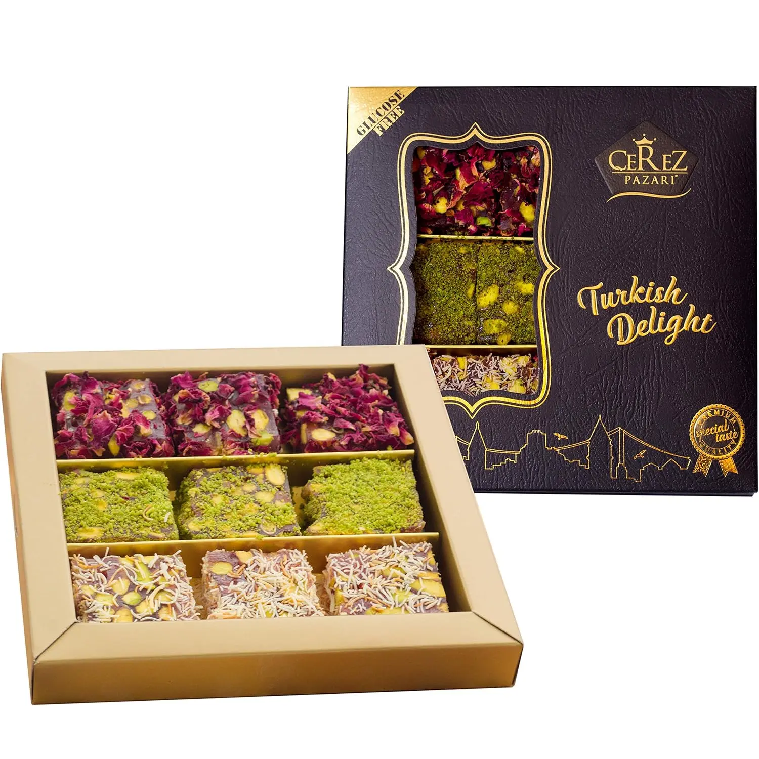 Turkish Delight Pistachio with Fantastic Rose & Pomegranate Flavour Experience in Luxury Gift Box 8.8 oz | Assorted Gourmet Soft Candy, Sweet Vegan Traditional Lokum (Loukoumi) (9-11 Pcs)