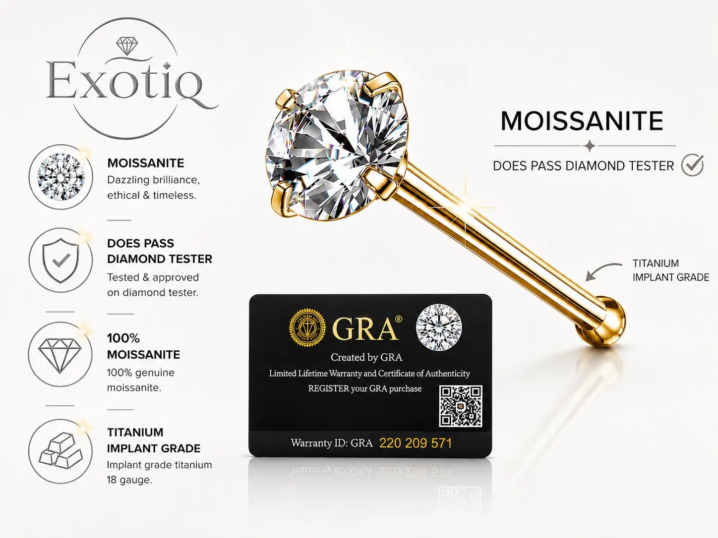 Exotiq Moissanite Stone Titanium Nose Stud Piercing 18 Gauge Bol at End 18K Gold PVD Plate Body Jewelry
