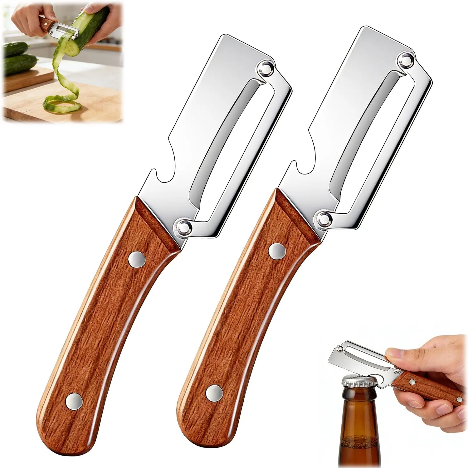 2-Pcs Durable Stainless Steel 2-in-1 Vegetable Cutter & Fruit Vegetable Slicer - Kitchen Household Tool with Wooden Handle, Arc Blade, Enlarged Cutout, Bottle Opener, Paper Thin Peel Function for Meal Prep