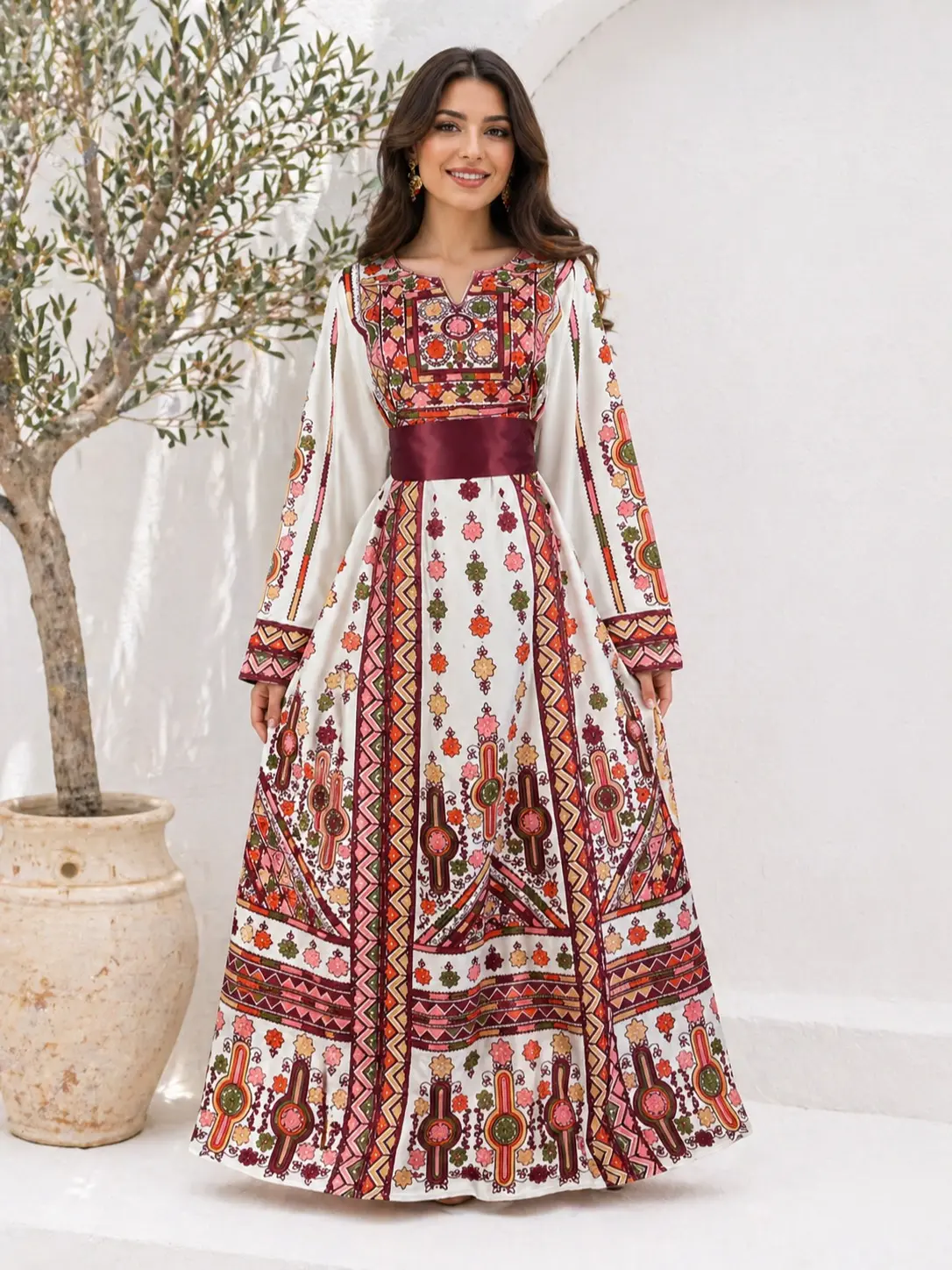 Women's Bridal Thobe - Floral Embroidery Modesty Maxidress, Long Sleeve, Breathable Fabric, Matching Belt, Muslim Outfits for Weddings, Elegant Style, Maxidresses, Traditional, Longsleeves, Women's Clothes, Aesthetic, Maxi Length