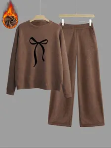 Women's Fall Winter Knit Sweater Set, Bow Print Thickened Fitted Pullover Top & High Waist Straight Leg Pants, Casual Fashion Two-Piece Suit