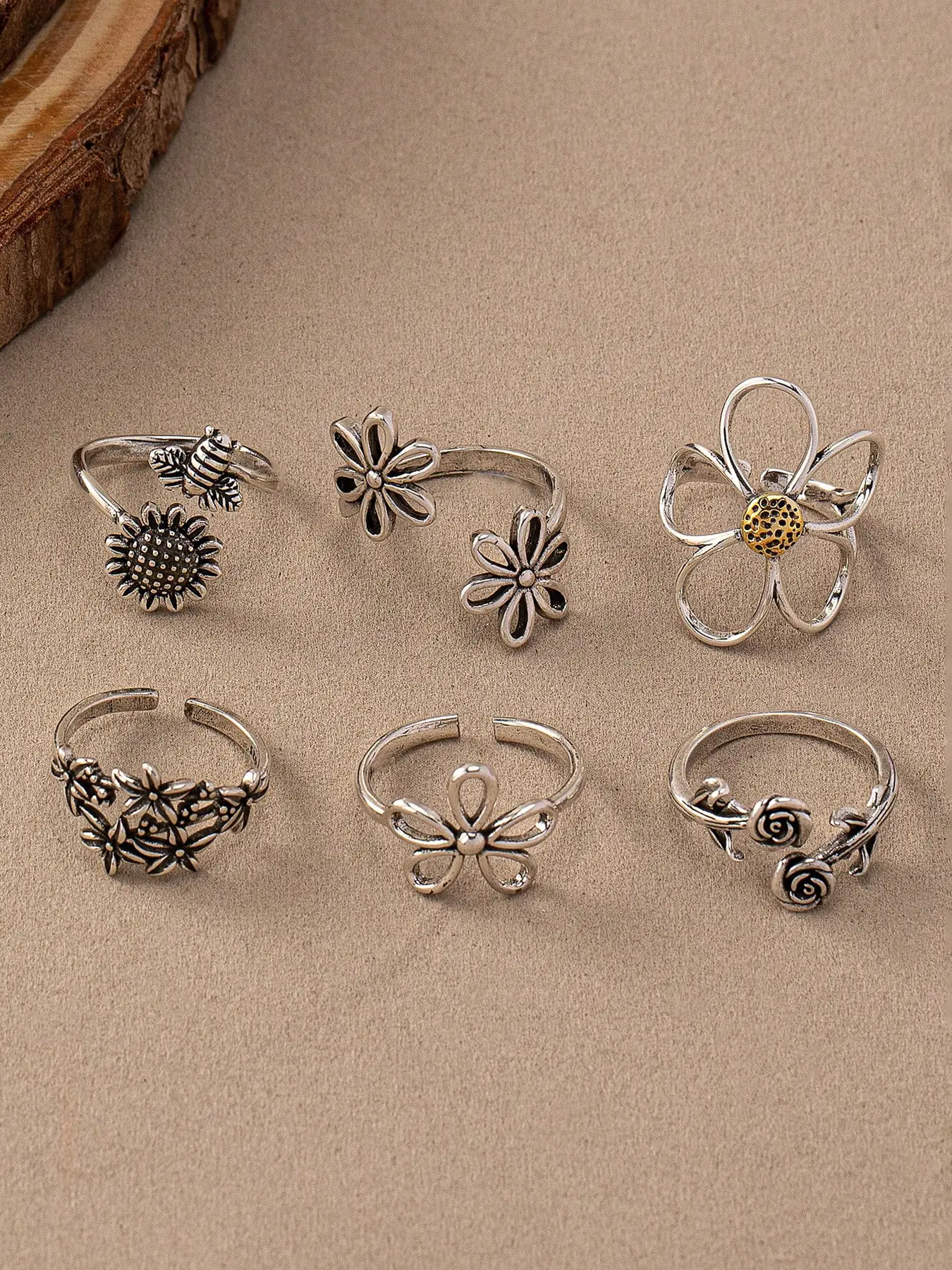 Boho Style Adjustable Rings Set, Bohemian Stackable Rings, Vintage Rose Flower Design Jewelry for Women & Girls, Unique Handmade Gift Idea, Adjustable Sunflower Ring, Beautiful Rings, Stackable Finger Rings