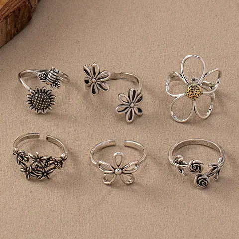 Boho Style Adjustable Rings Set, Bohemian Stackable Rings, Vintage Rose Flower Design Jewelry for Women & Girls, Unique Handmade Gift Idea, Adjustable Sunflower Ring, Beautiful Rings, Stackable Finger Rings