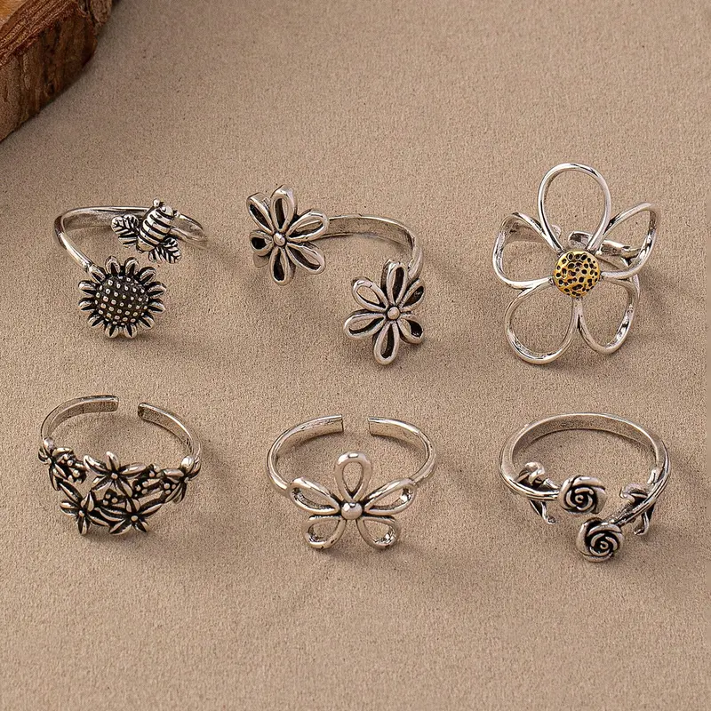 Boho Style Adjustable Rings Set, Bohemian Stackable Rings, Vintage Rose Flower Design Jewelry for Women & Girls, Unique Handmade Gift Idea, Adjustable Sunflower Ring, Beautiful Rings, Stackable Finger Rings