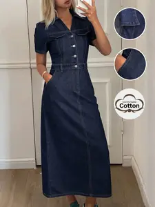 Deep Blue Short Sleeve Denim Dress, Button, Casual Spring and Summer Fashion, Comfortable Jean Dress for Women, Perfect for Daily Wear