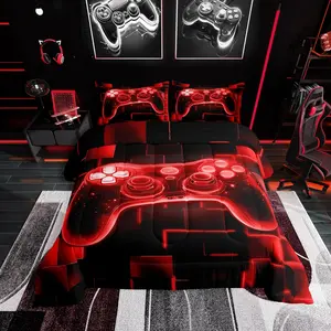 Gamer Comforter Set,,Gaming Bedding,Video Games Gamepad Bedding Comforter Sets,Neon Glowing Square Geometric Grid Red Bedroom Decor Duvet Insert, Comfy Bedding Set, Breathable Duvet Set