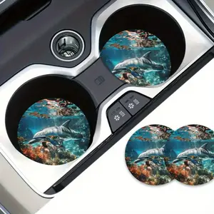 2pcs Set Dolphins Deep Sea Car Coasters - Non-Slip EVA Cup Holders with Dolphin & Coral Reef Design, 2.75x2.75in/7x7cm, Spill-Proof for Car Interior Decoration, Ocean-Themed Car Accessories, Car Interior Accessory