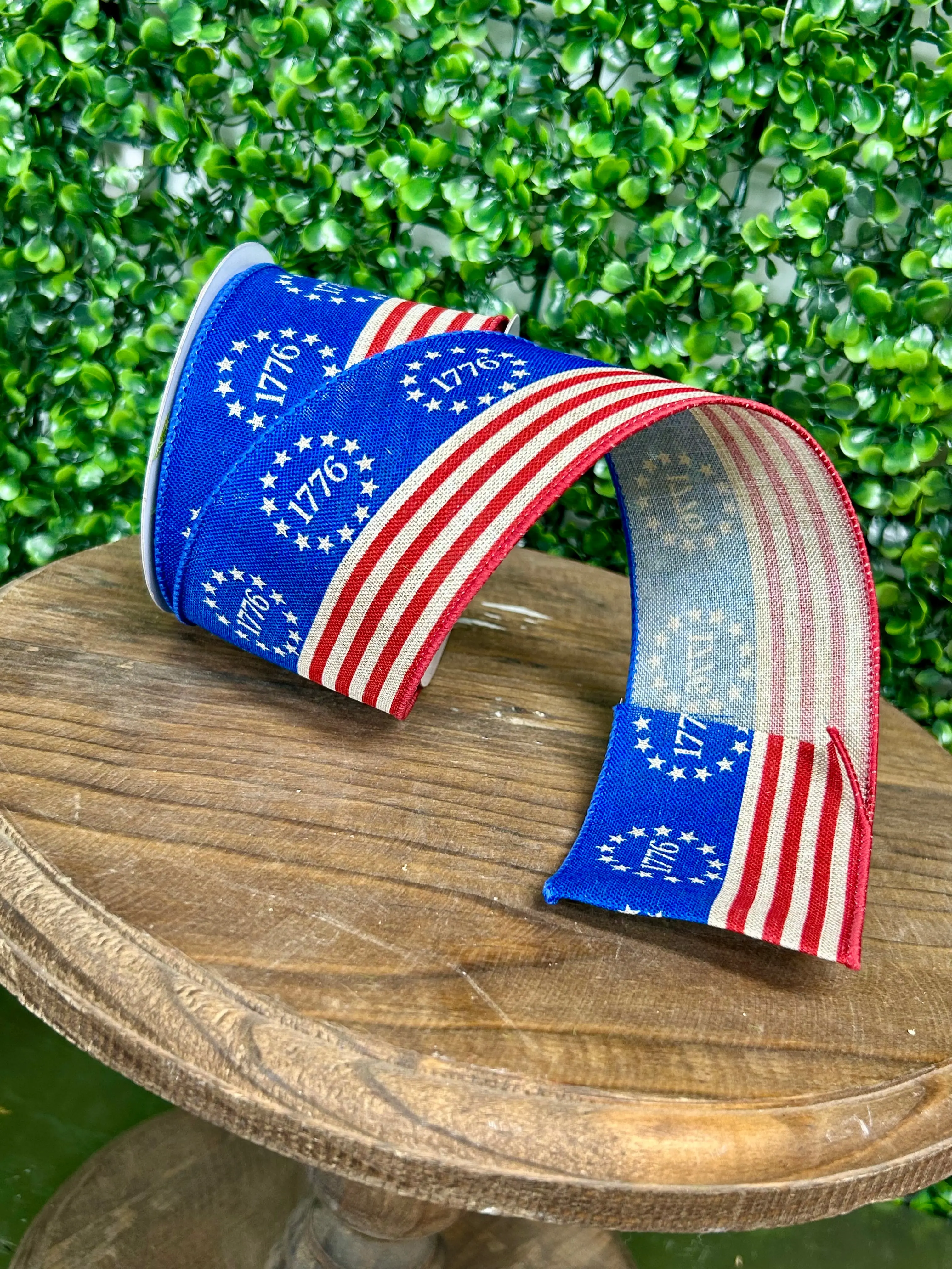 2.5 Inch By 10 Yard Natural Red And Blue 1776 Stars And Stripes Ribbon