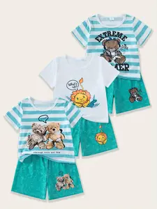 New Boys' 3-Piece Set Short Sleeve Shorts Cotton-Like Casual Summer Cute Lion Print Cartoon Style Fitted Kids Clothing Striped Sets