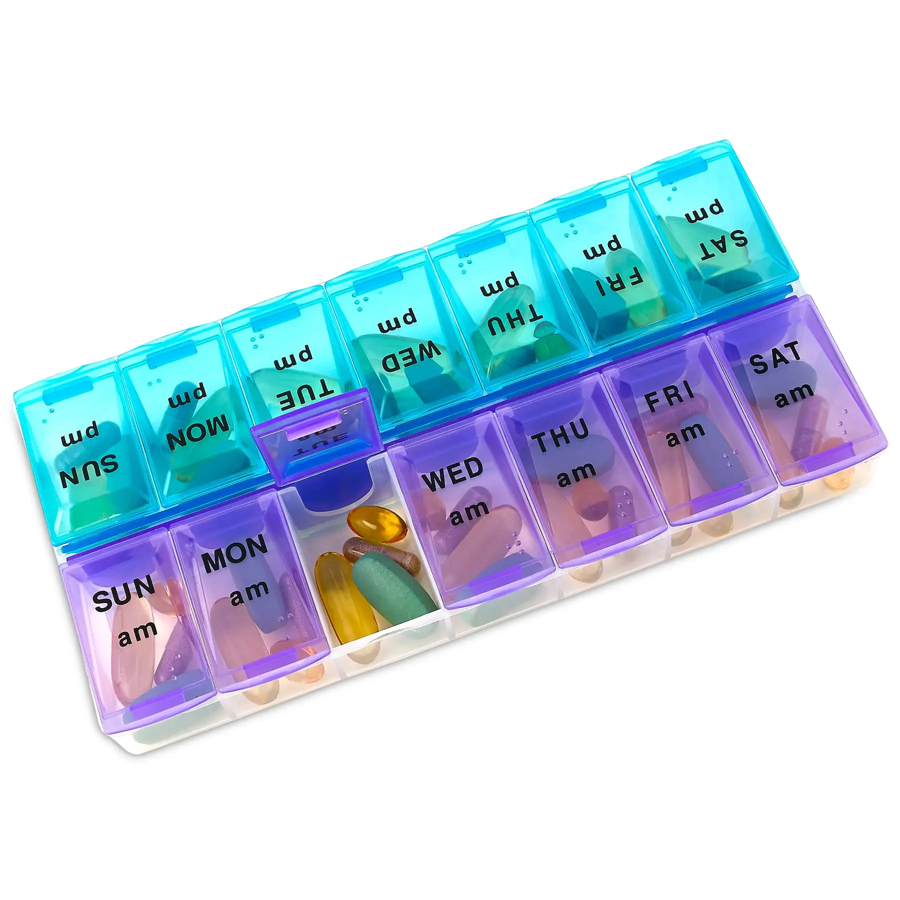 Weekly Organizer Box – 7 Day AM/PM Storage Case | Dual-Section Daily Organizer with Large Compartments | BPA-Free, Travel-Friendly, Secure Snap Lock