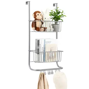 2-Tier Over the Door Metal Shower Caddy Organizer - Hanging Storage Rack with 2 Baskets & 6 Hooks - Space-Saving Bathroom, Bedroom, Pantry, Laundry Organizer, 11.8" x 5.1" x 24.2"