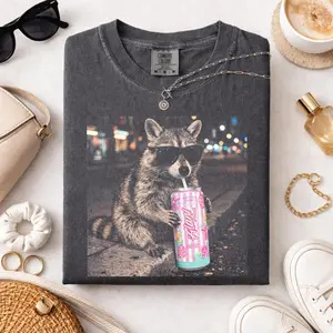 Comfort Colors Raccoon Cotton Candy Drink Graphic Tee, Fun Animal Lover Shirt, Vintage Raccoons Shirt, Funny Meme Genz Dank Raccoons Shirt