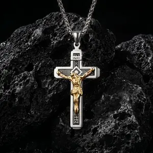 60cm Stainless Steel Wheat Chain Cross Necklace for Men, Two-Tone Gold Jesus INRI Double-Layer Cross Pendant (6mm × 3mm). Hip-hop religious jewelry, waterproof daily outfit accessory for men, hypoallergenic wearable jewelry gift for everyday wear.