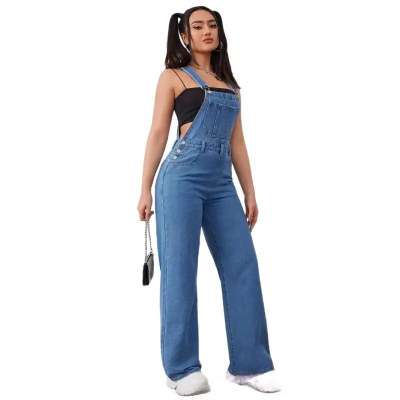 Women's Jean Bib Overalls Adjustable Casual One Piece Jumpsuits Stretch Wide Leg Loose Denim Pants with Fabric Pocket Bottom Fashion Soft Strap Trouser Basic Blue Minimalist 90s Style Sleeveless Strappy Womenswear Workwear, Adjustable Fit