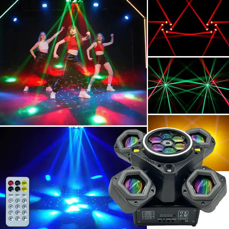 LuzShow Moving Head DJ Lights - Multi-Effect RGBW Stage Light with Red, Green Laser, Strobe, DMX512, Sound Activation, Remote Control for Wedding, Home Party