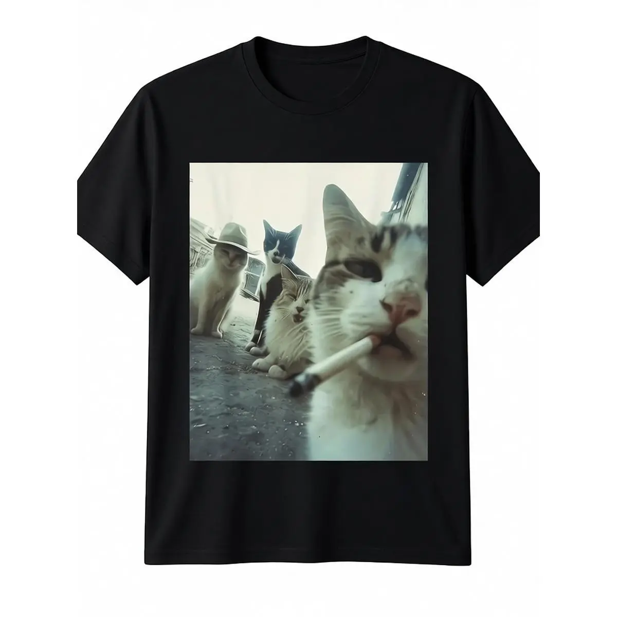 Humorous Retro Style Smoky Cat Graphic Tee Comfortable Breathable Summer T shirt