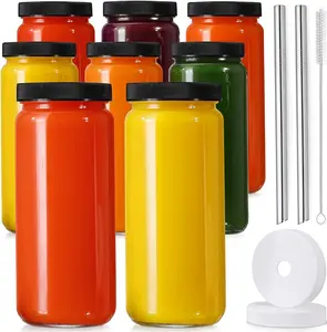 [Set of 8] Glass Juice Bottle with 2 straws and 2 lids with holes -16 oz (approximately 473.2 ml) travel water bottle with black sealed lid, reusable, suitable for juice, boba, smoothies, tea, and kombucha