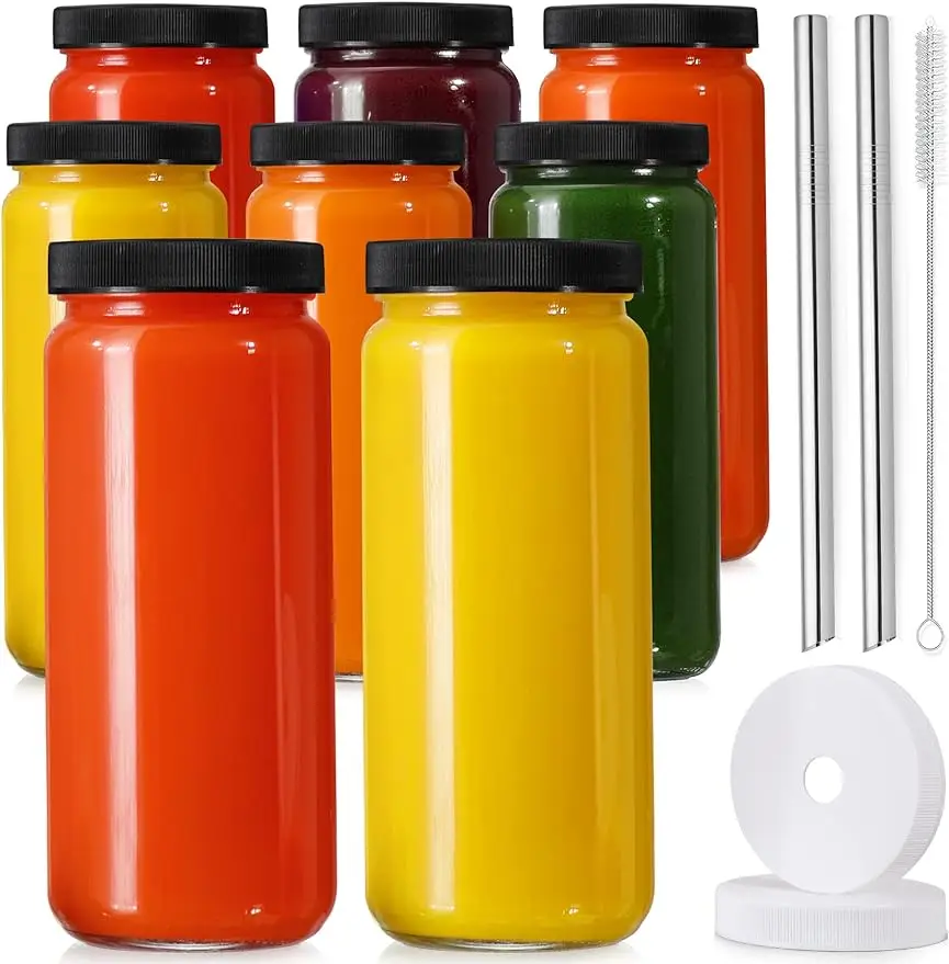 [Set of 8] Glass Juice Bottle with 2 straws and 2 lids with holes -16 oz (approximately 473.2 ml) travel water bottle with black sealed lid, reusable,