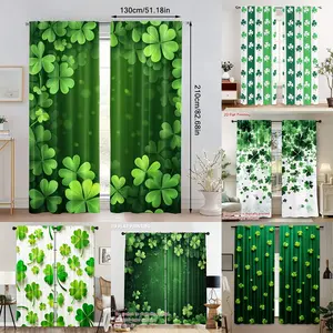 2 pieces of green clover pattern curtains, Home decoration curtain - made of durable polyester material with good transparency, designed with pole pockets for easy hanging, suitable for bedroom, living room and study decoration