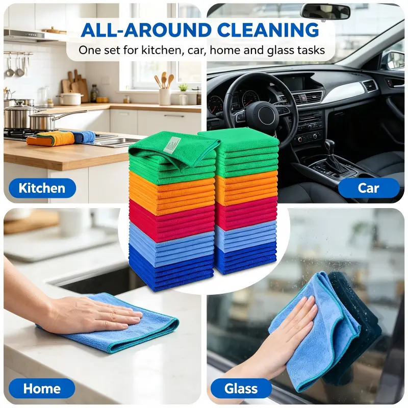 50 Pack Microfiber Cleaning Cloths, Color Coded Lint Free Scratch Resistant Highly Absorbent Reusable Towels for Kitchen Car House Window Cleaning Cleaning
