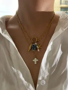 New Stainless Steel Starfish Ceramic Faux Pearl Cross Pendant Necklace, Unique Gift for Women, Stylish Fashionable Jewelry Accessories